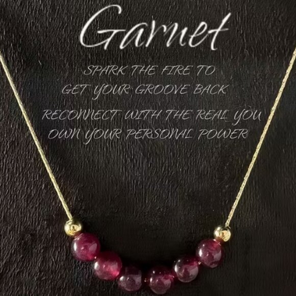 Garnet Beaded Necklace, Six Beautiful 5mm Gemstones w/ Gold Tone Spacers & Chain - Picture 1 of 4